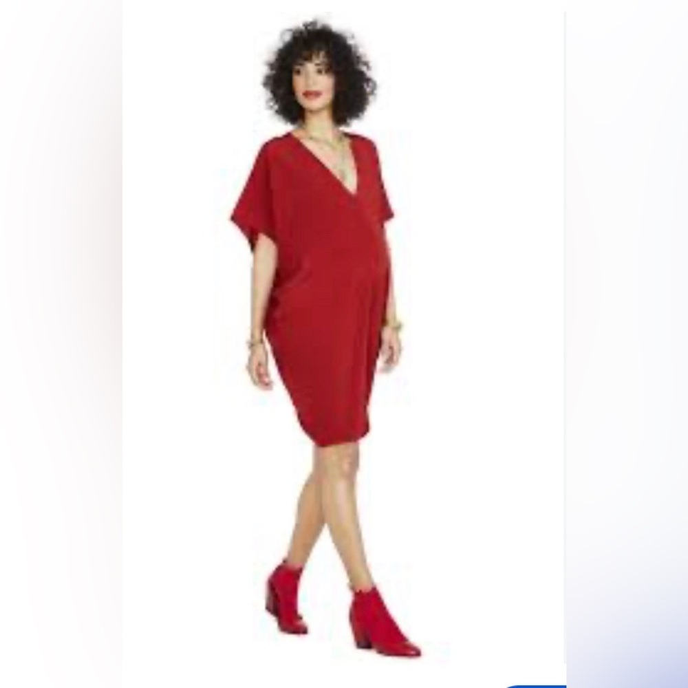 Hatch maternity postpartum silk blend dress pink red vneck knee length stretchy
